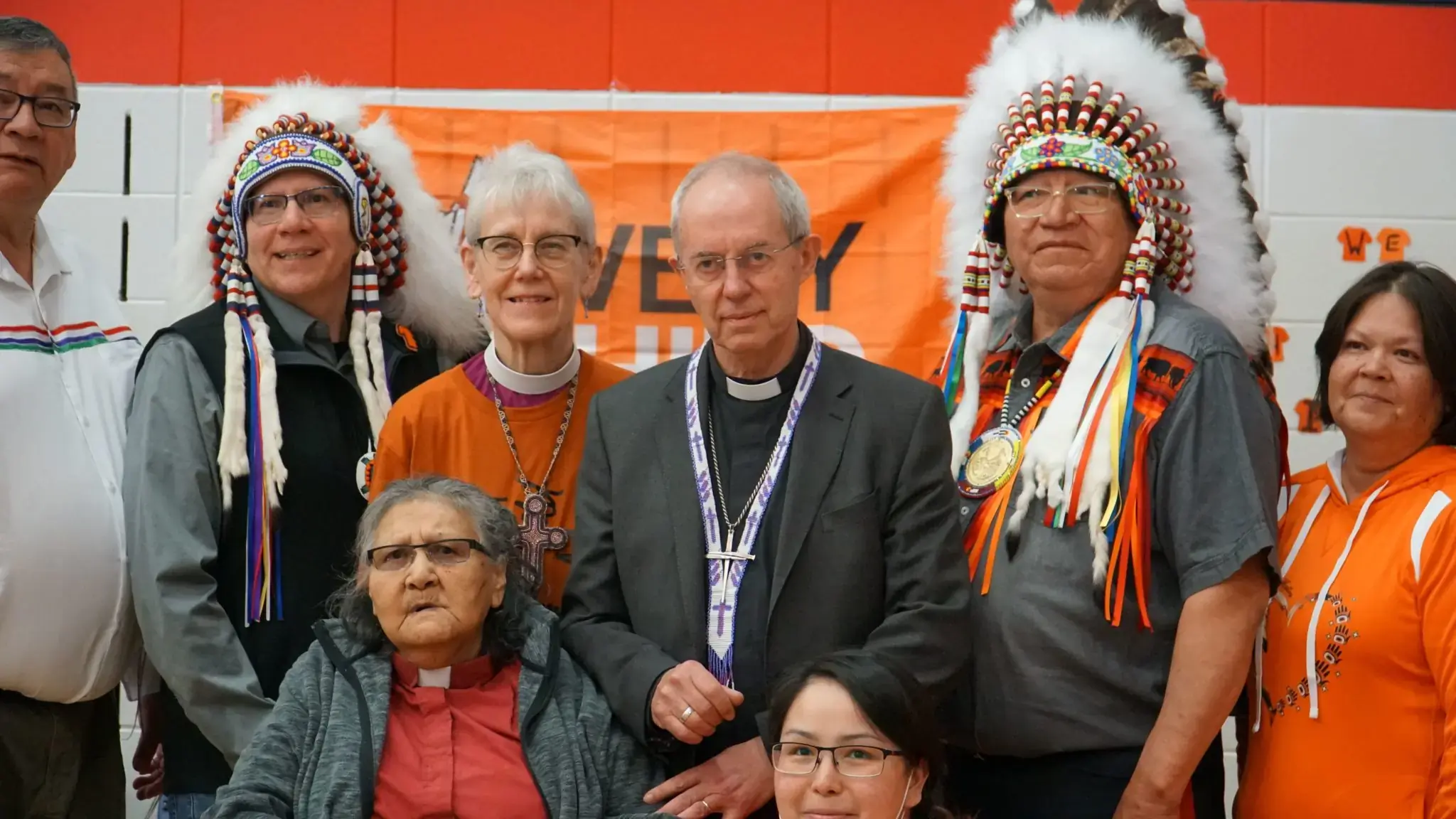 Archbishop of Canterbury Justin Welby, centre, after his apology for the church’s role in the residential school system, April 30th, 2022 at the James Smith Cree Nation, Sask. With him are (top row, l-r): Rob Head, chief, Peter Chapman Band; Archbishop Linda Nicholls, primate, Anglican Church of Canada; Calvin Sanderson, chief, Chakastaypasin Band; and Florence Sanderson, also of the Chakastaypasin Band. The Anglican Journal was not able to identify the two women in the bottom row as of press time