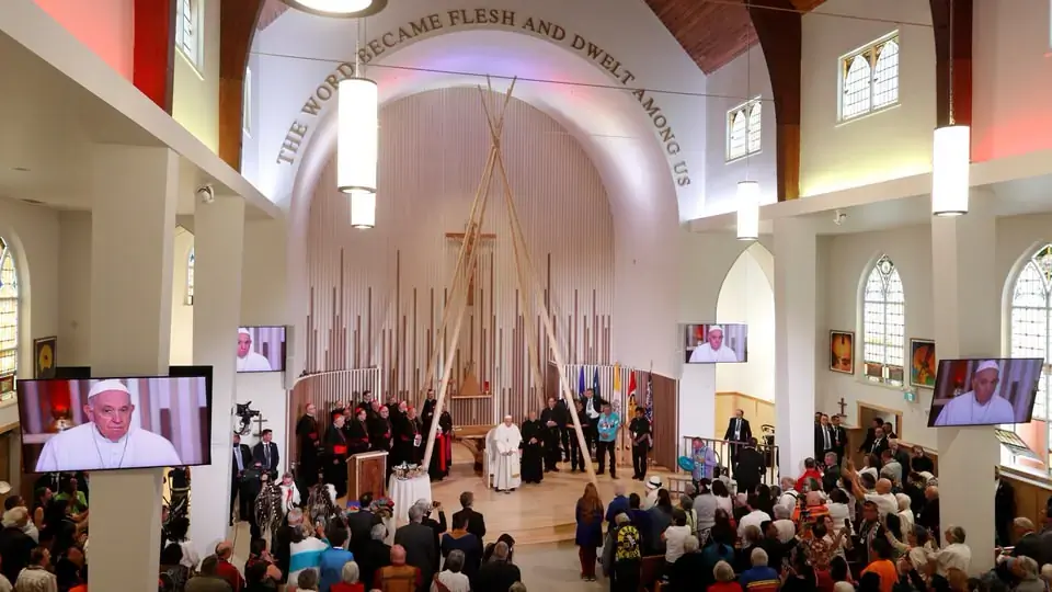 Pope Francis meets with Indigenous peoples and members of the parish community of Sacred Heart Church of the First Peoples in Edmonton, Alberta