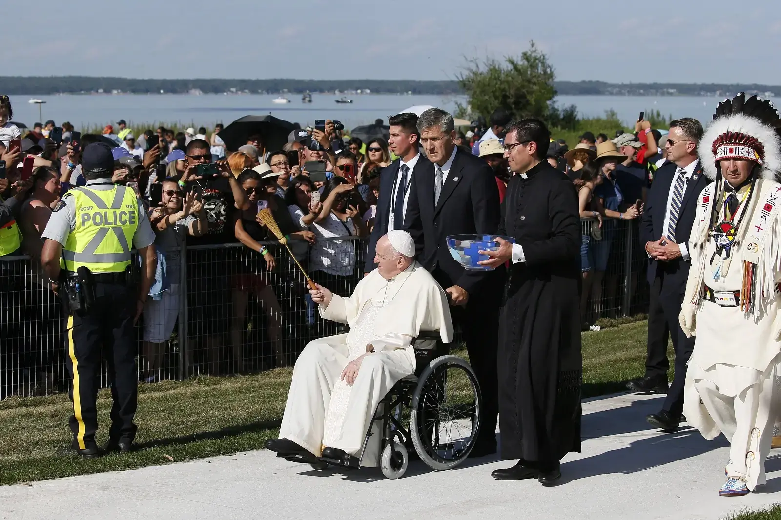 Pope Francis blesses the crowd as he participates in the Lac Ste. Anne pilgrimage and Liturgy of the Word in Lac Ste. Anne, Alberta