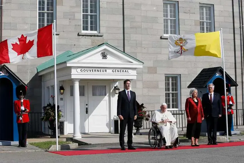 Pope Francis attends a welcoming ceremony with Canadian Prime Minister Justin Trudeau and Mary Simon, governor general, at Citadelle de Québec, the residence of the governor general in Quebec City
