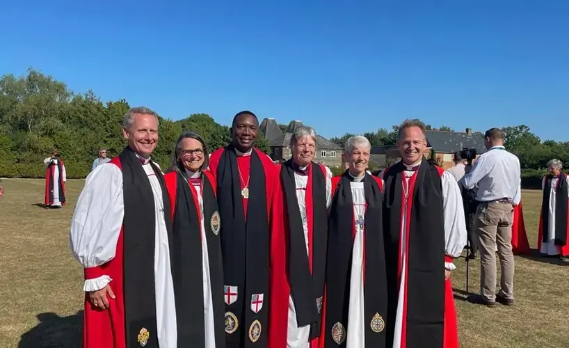 A group of bishops at the Lambeth Conference. From left: the Area Bishop of York-Scarborough, the Rt Revd Kevin Robertson; the Bishop of Michigan, Dr Bonnie Perry; the Bishop of Missouri, the Rt Revd Deon K. Johnson; the Bishop of Monmouth, the Rt Revd Cherry Vann; the Rt Revd Mary Glasspool, an assistant bishop in the diocese of New York; and the Bishop of Maine, the Rt Revd Thomas J Brown