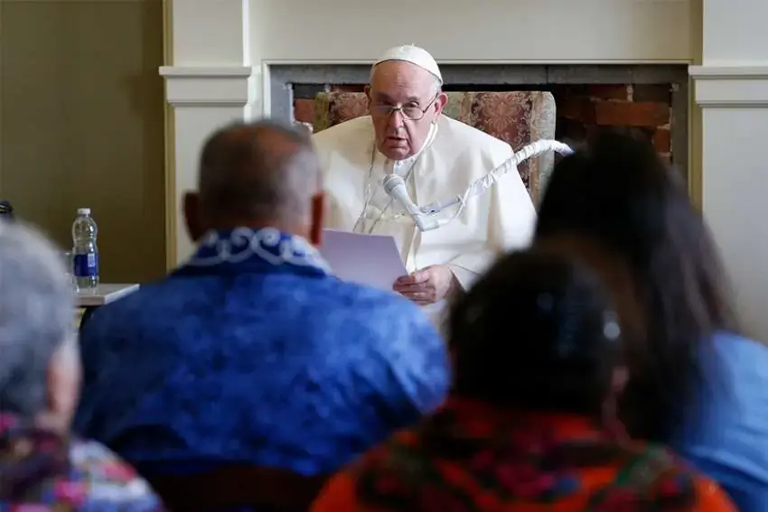 Pope Francis meets with a delegation of Indigenous peoples in the archbishop's residence in Quebec City