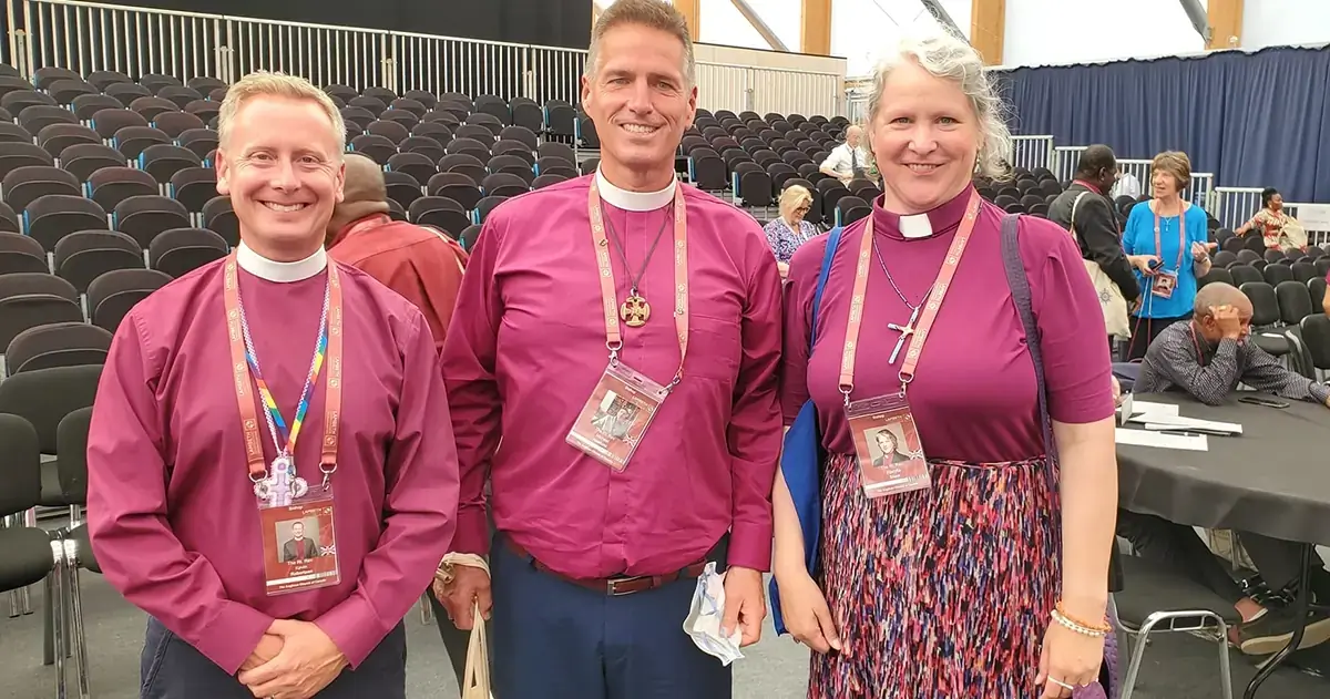 Anglican bishops at Lambeth Conference 2022. Bishop Michael Hawkins of Saskatchewan, centre, on a break with Toronto area bishops Kevin Robertson and Riscylla Shaw