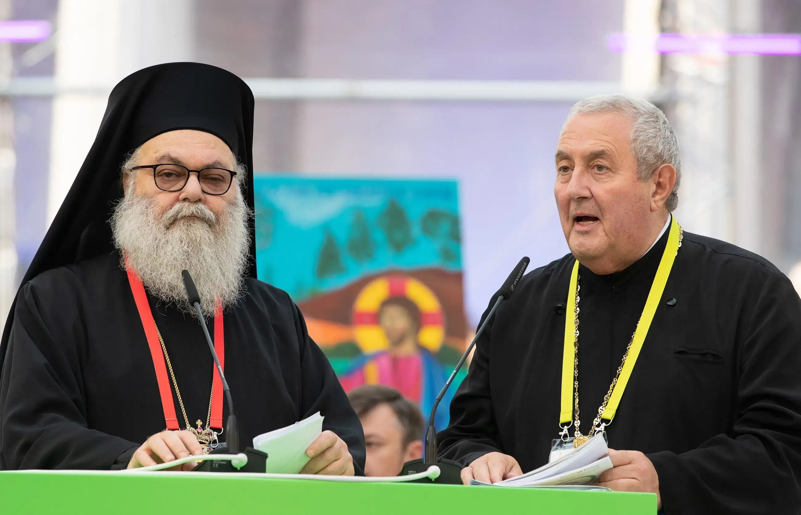 The Rev. Dr. Ioan Sauca (right) introduces John X, Patriarch of Antioch and all the East, who gave the homily during the opening prayer service at the World Council of Churches' 11th Assembly in Karlsruhe, Germany. The assembly takes place August 31 to September 8 under the theme 'Christ's Love Moves the World to Reconciliation and Unity'
