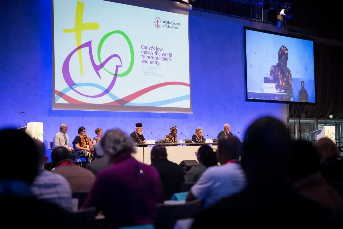 WCC central committee moderator Dr Agnes Abuom speaks at the opening plenary of the 11th Assembly of the World Council of Churches, held in Karlsruhe, Germany from 31 August to 8 September, under the theme 'Christ's Love Moves the World to Reconciliation and Unity'