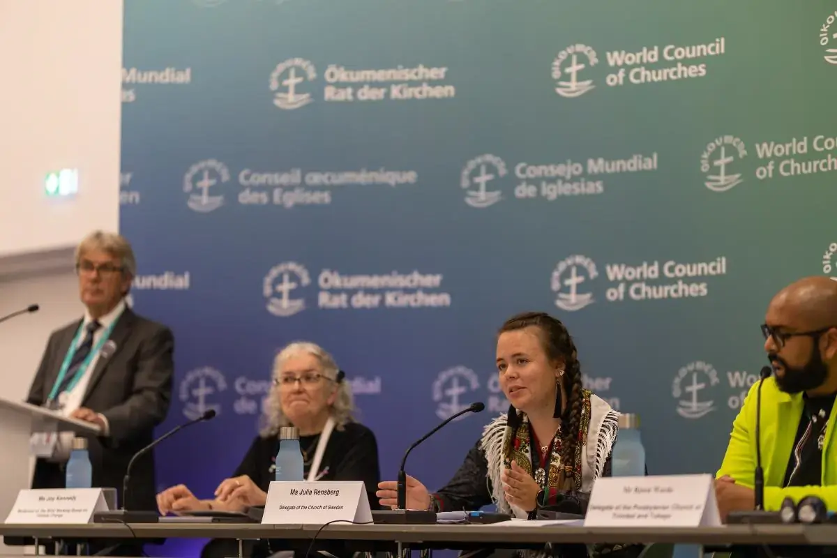 Ms Julia Rensberg, a delegate of the Church of Sweden representing the Sámi Council within the Swedish Church, speaking at the press conference on the topic