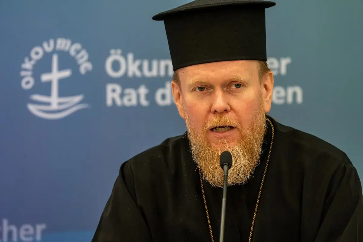 H.E. Archbishop Yevstratiy of Chernihiv and Nizhyn, Deputy Head of the External Church Relations Department of the Orthodox Church of Ukraine, spokesperson of the church and professor at the Kiev Theological Academy, at the press conference during the WCC 11th Assembly in Karlsruhe, Germany
