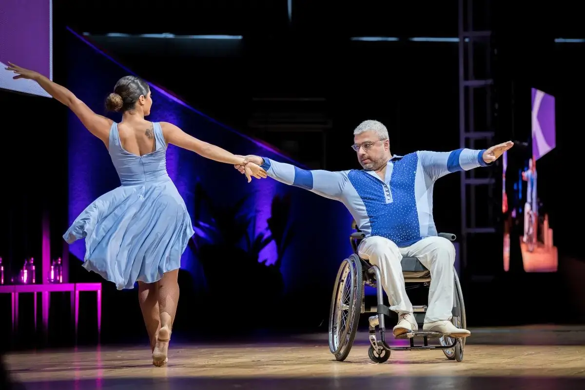 Fadi El Halabi (in wheelchair) and Karen Abou Nader perform a dance of joy during a thematic plenary focused on ’Affirming Justice and Human Dignity’, at the 11th Assembly of the World Council of Churches, held in Karlsruhe, Germany from 31 August to 8 September, under the theme 'Christ's Love Moves the World to Reconciliation and Unity.' Fadi El Halabi is a psychotherapist and the regional coordinator for the Ecumenical Disability Advocates Network and an ambassador of joy and hope from Lebanon. Karen Abou Nader is an international dancer and choreographer, and an ambassador of joy and hope from Lebanon