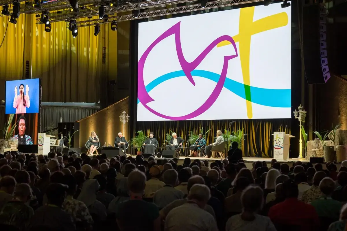 A panel of speakers for the thematic plenary on ’Christian Unity and the Churches’ Common Witness’ at the 11th Assembly of the World Council of Churches, held in Karlsruhe, Germany from 31 August to 8 September, under the theme 'Christ's Love Moves the World to Reconciliation and Unity'. L-R: Bran Friesen of the World Christian Student Federation; Bishop Brian Farrell, secretary of the Vatican's Dicastery for Promoting Christian Unity; Metropolitan Job of Psidia, Ecumenical Patriarchate; plenary moderator Bishop Heinrich Bedford-Strohm, presiding bishop of the Evangelische Kirche in Bavaria; Canon Dr Rosemary Muthoni Mbogo of the Anglican Church of Kenya; Rev. Prof. Dr. Jooseop Keum from the Council on World Mission; and Lani Mireya Anaya Jiménez of the Methodist Church of Mexico