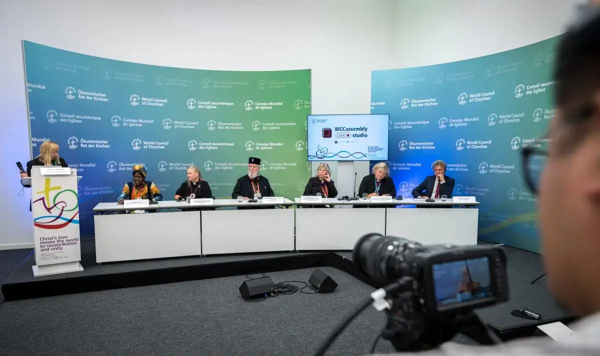 Outgoing WCC central committee moderator Dr Agnes Abuom speaks at the closing press conference at the 11th Assembly of the World Council of Churches, held in Karlsruhe, Germany from 31 August to 8 September, under the theme 'Christ's Love Moves the World to Reconciliation and Unity'