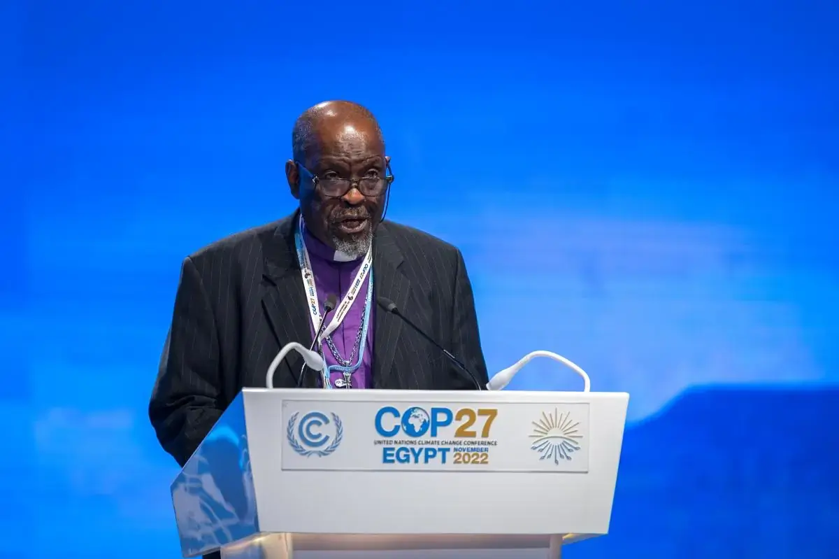 Bishop Arnold Temple of the Methodist Church, Sierra Leone, delivers a statement to the high-level segment of the United Nations climate change conference COP27 at Sharm El-Sheikh, Egypt on behalf of Faith-based organizations