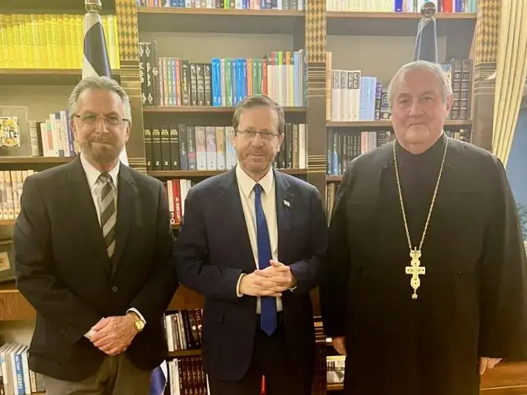 Rev. Prof. Dr Ioan Sauca, WCC acting general secretary (right), meets with Isaac Herzog, president of Israel (centre), and Rabbi Prof. David Rosen, KSG CBE, international director of interreligious affairs for the American Jewish Committee, and past chairman of the International Jewish Committee on Interreligious Consultations (IJCIC)