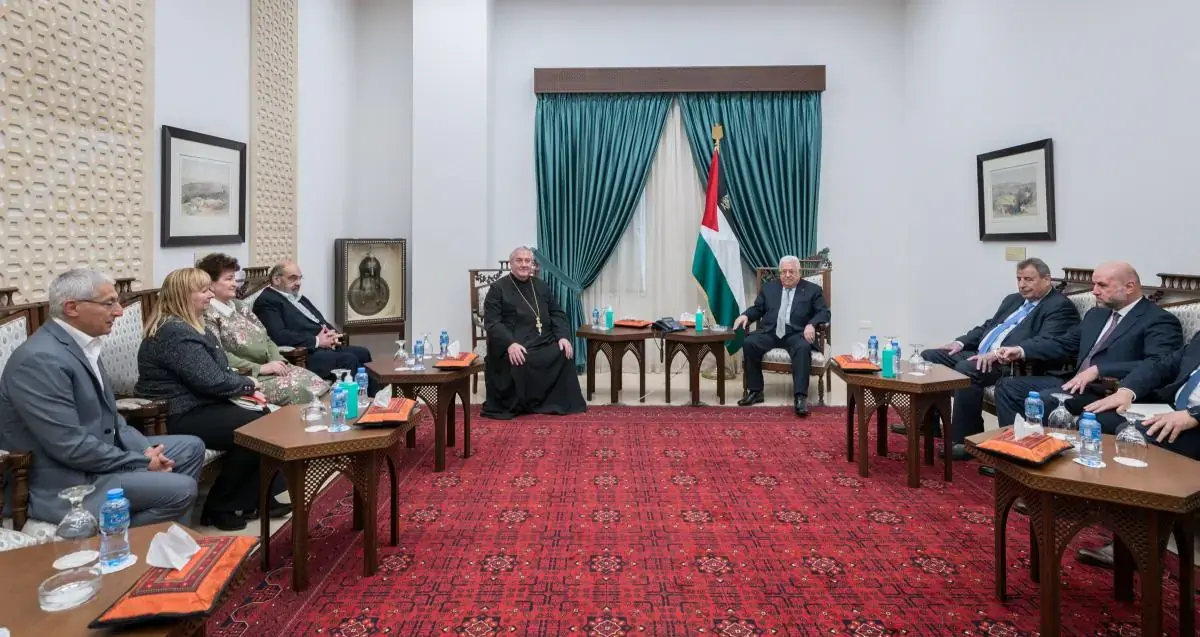 World Council of Churches acting general secretary Rev. Prof. Dr Ioan Sauca (left) meets with Palestinian president Mahmoud Abbas (right) in Ramallah, Palestine