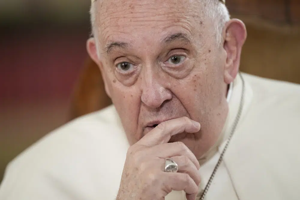 Pope Francis speaks during an interview with The Associated Press at the Vatican. Francis acknowledged that Catholic bishops in some parts of the world support laws that criminalize homosexuality or discriminate against the LGBTQ community, and he himself referred to homosexuality in terms of 